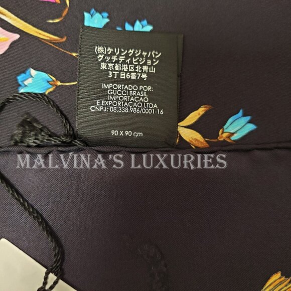 GUCCI SCARF SINE AMORE FLORAL BOUQUET FLORA BLACK SILK TWILL SQUARE 35" - Picture 11 of 12